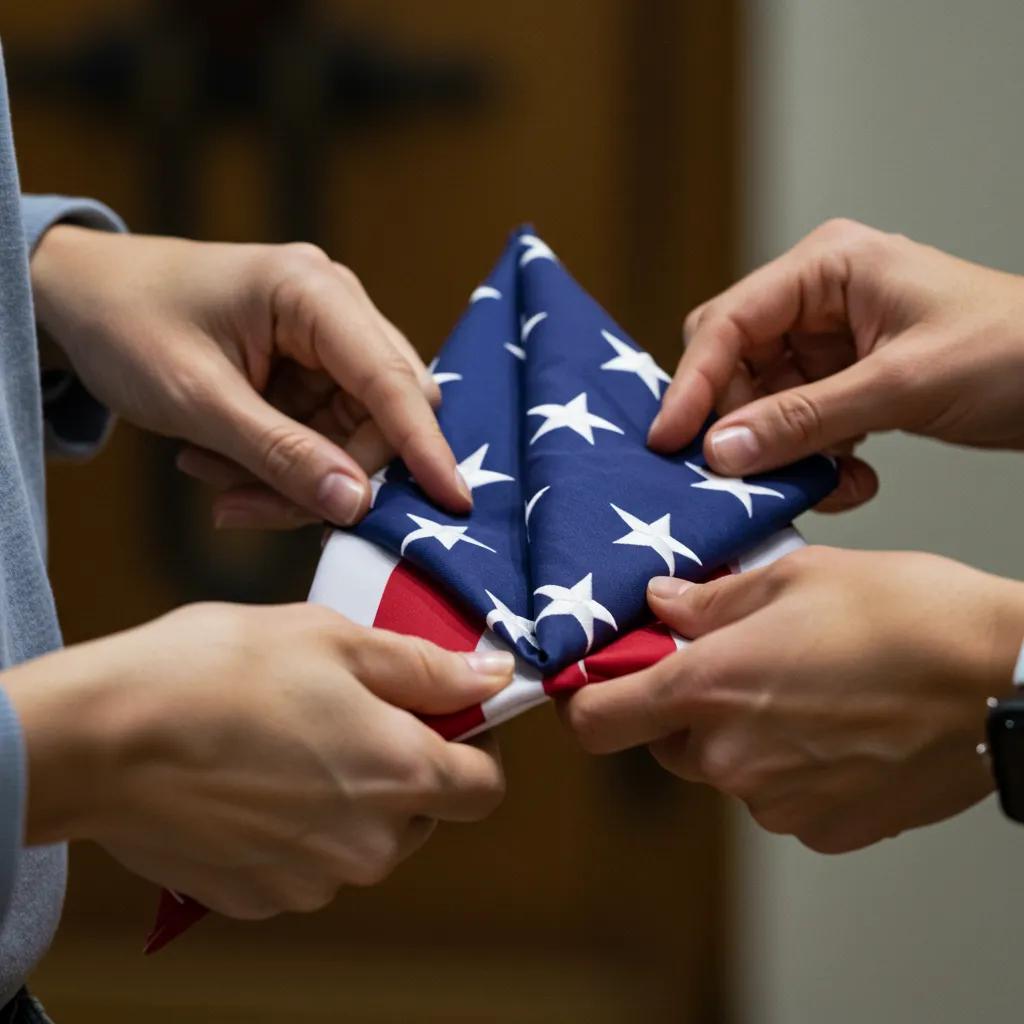 Close-up of two individuals folding the American flag into a triangle, showcasing the ceremonial process