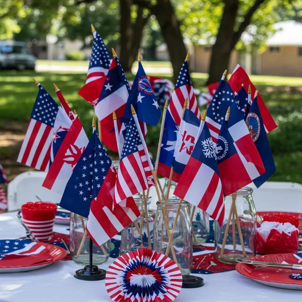 Creative table display with mini flags for Armed Forces Day celebration