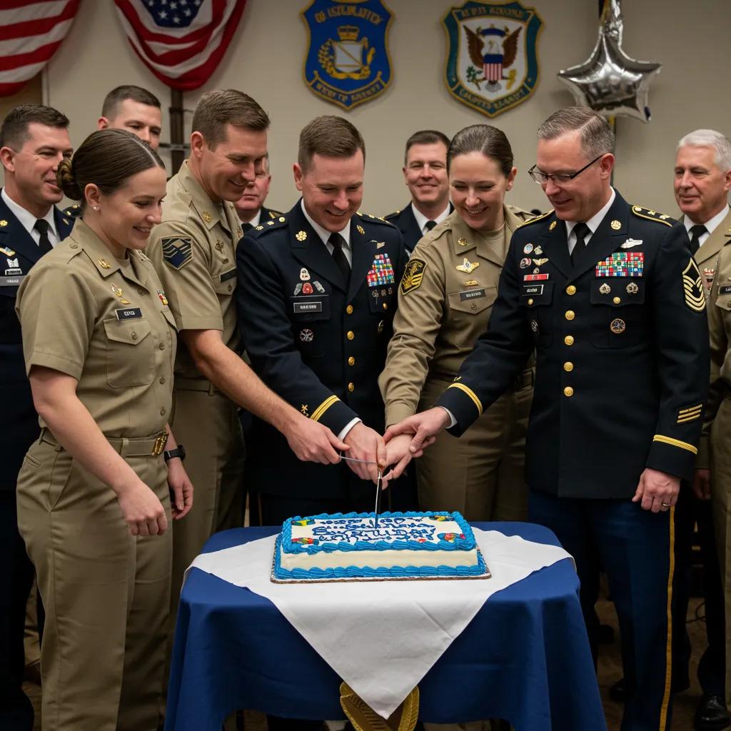 Service members participating in a traditional cake-cutting ceremony to celebrate a military birthday, highlighting camaraderie and branch customs