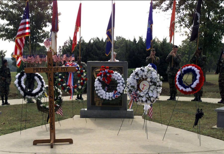 wreaths and cross in pow mia park